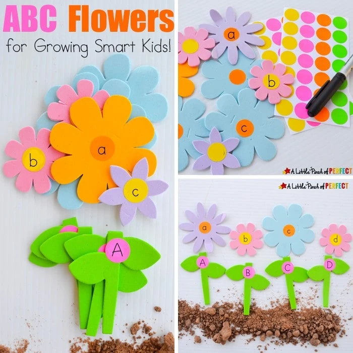 ABC Letter Matching Flowers Activity: Kids can have fun matching flowers and stems to make a garden. We matched uppercase and lowercase letters but you could always adapt this activity to learn numbers, spelling, and more. (spring, language, preschool)