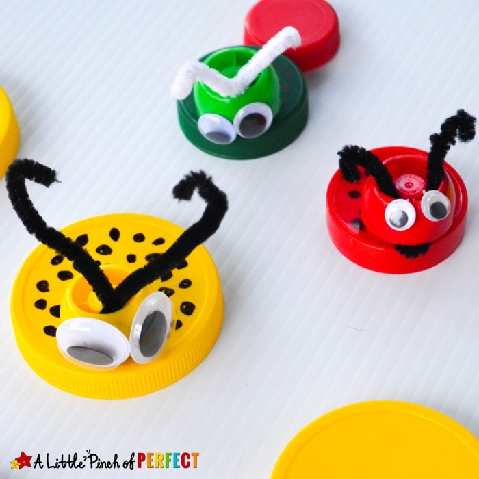  Little Bugs Recycled Lid Craft for Kids: Turn milk caps and extra lids into cute little bugs (spring, insects, kids craft)