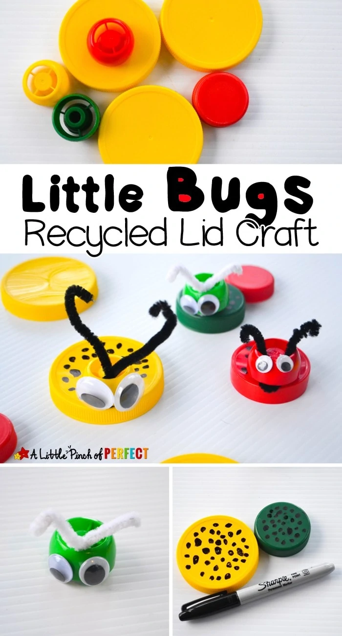Little Bugs Recycled Lid Craft for Kids: Turn milk caps and extra lids into cute little bugs (spring, insects, kids craft)