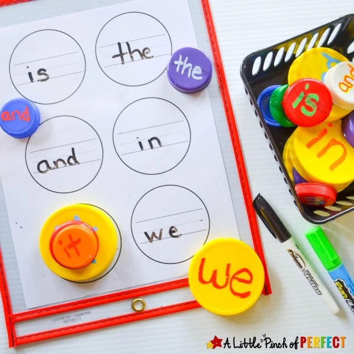 Learn & Stack Sight Word Activity with Lids