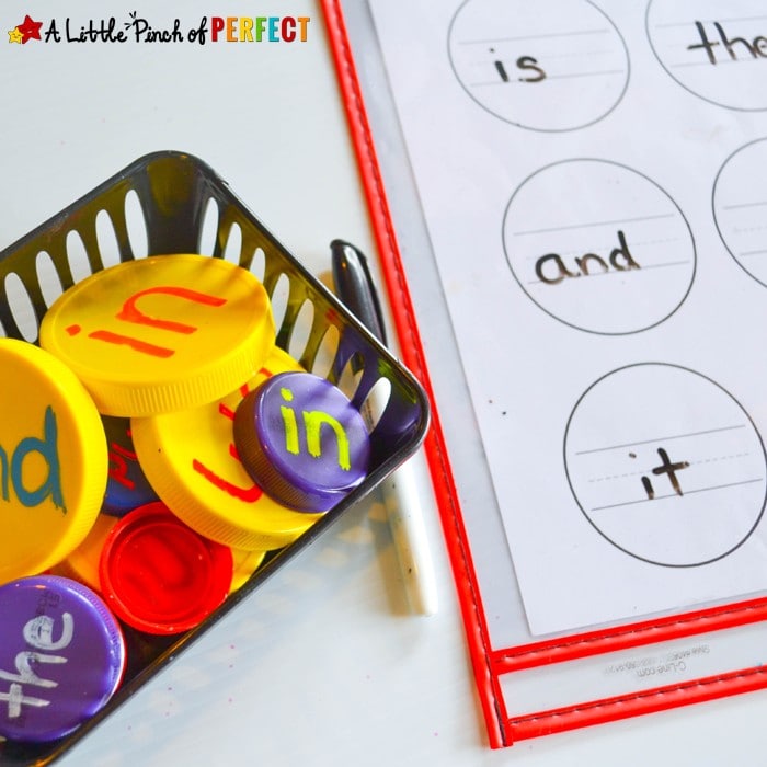 Learn & Stack Sight Word Activity with Lids: Make a fun and simple sight word activity using recycled lids for kids to learn to read. You can use this same activity for letters or numbers too. (preschool, kindergarten, language arts)