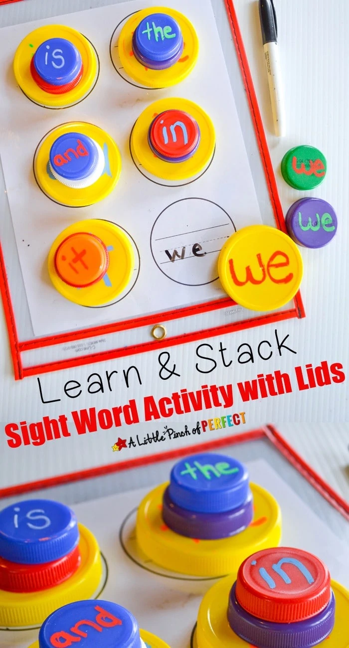 Learn & Stack Sight Word Activity with Lids: Make a fun and simple sight word activity using recycled lids for kids to learn to read. You can use this same activity for letters or numbers too. (preschool, kindergarten, language arts)