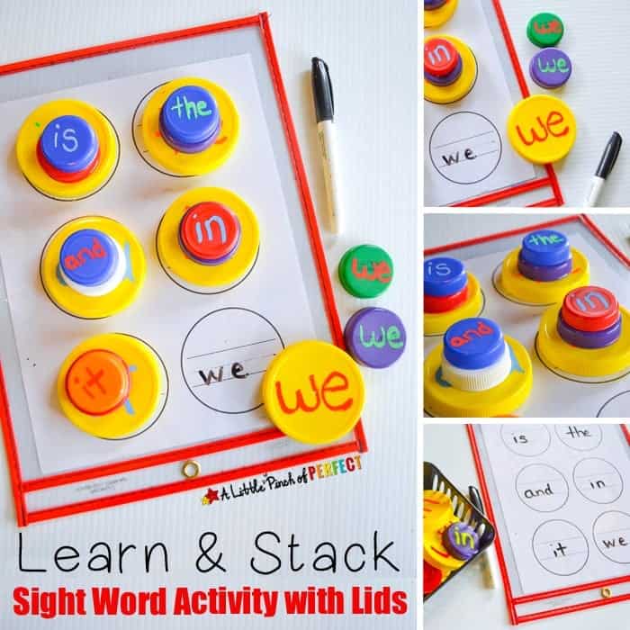 Learn & Stack Sight Word Activity with Lids: Make a fun and simple sight word activity using recycled lids for kids to learn to read. You can use this same activity for letters or numbers too. (preschool, kindergarten, language arts)