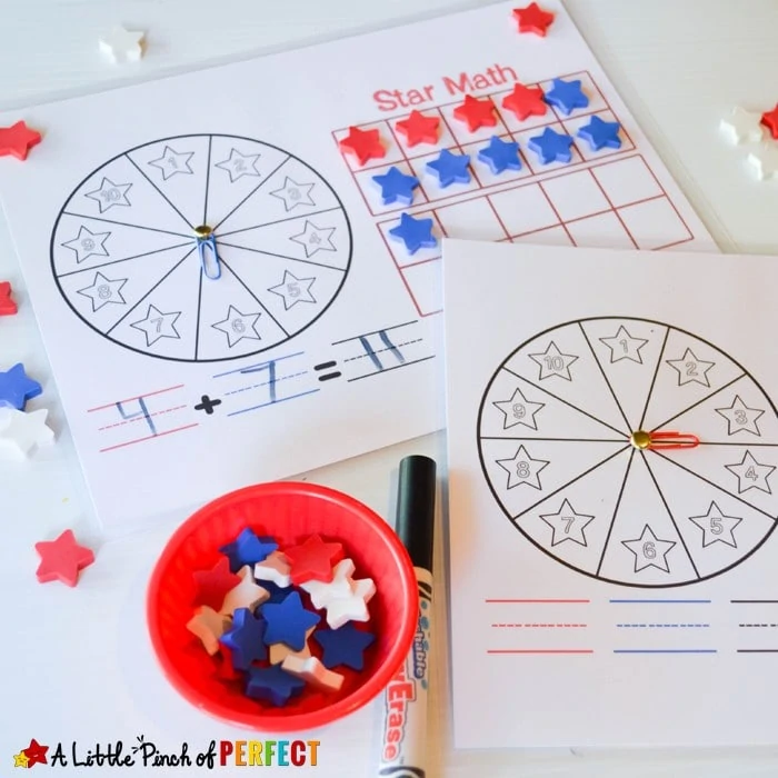 Star Spangled Free Printable Math Activities for the Fourth of July, Memorial Day, and Flag Day: 10 Frames Game with Spinner, Counting to 20, Addition and Subtraction (preschool, kindergarten, first grade)