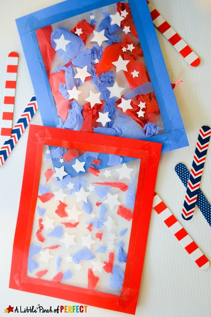 Patriotic Suncatcher Kids Craft for Fourth of July, Memorial Day, & Flag Day! This craft is cute, easy, and mess-free.