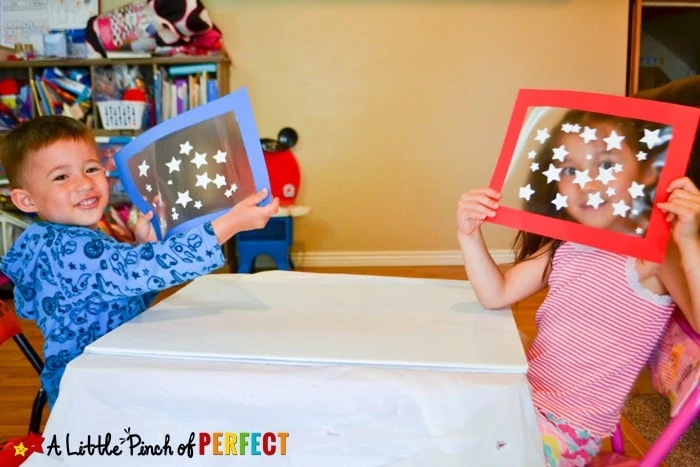 Patriotic Suncatcher Kids Craft for Fourth of July, Memorial Day, & Flag Day! This craft is cute, easy, and mess-free.