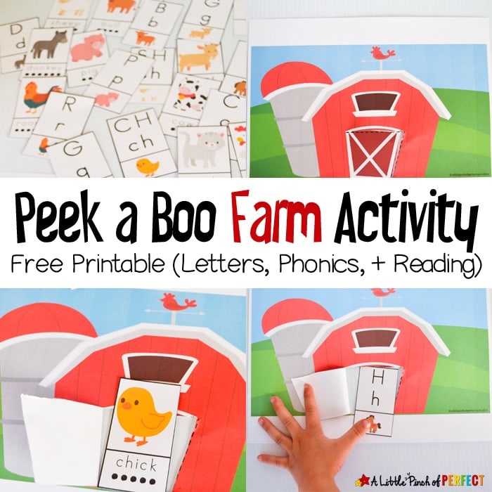 Peek a Boo Farm Animal Activity and Free Printable: Kids can learn Letters, Phonics and Reading by guessing and seeing who or what letter is in the barn (spring, language arts, preschool, kindergarten)