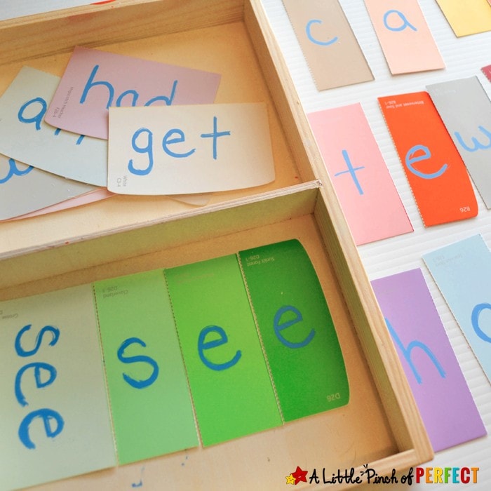 Sight Word Paint Sample Puzzles for Kids: An easy DIY to make learning to read and spell fun! The different shades offer a visual clue for kids to build the words correctly while giving them independence to complete the activity on their own.