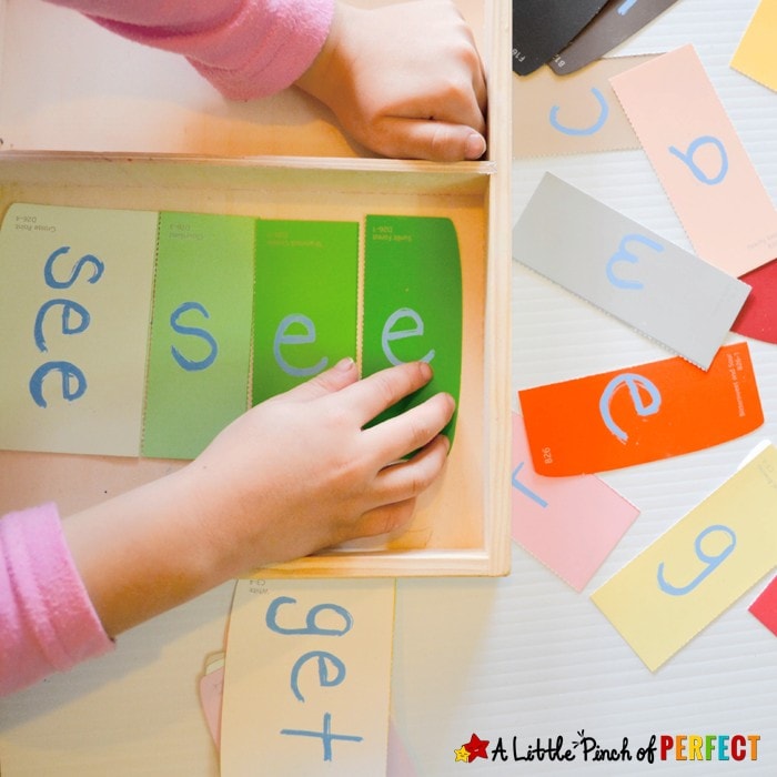 Sight Word Paint Sample Puzzles for Kids: An easy DIY to make learning to read and spell fun! The different shades offer a visual clue for kids to build the words correctly while giving them independence to complete the activity on their own.