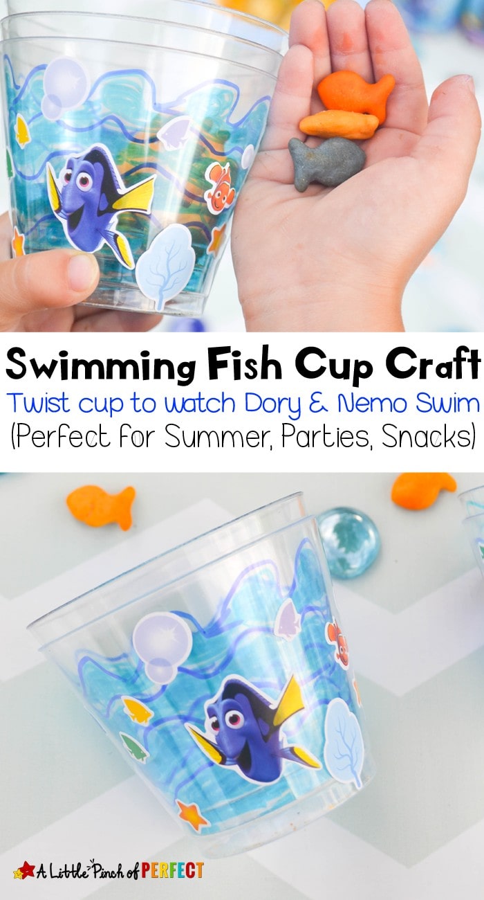 Swimming Fish Cup Craft: Kids twist cups to watch Dory, Nemo, and friends swim. Perfect for summer, parties, and snacks.