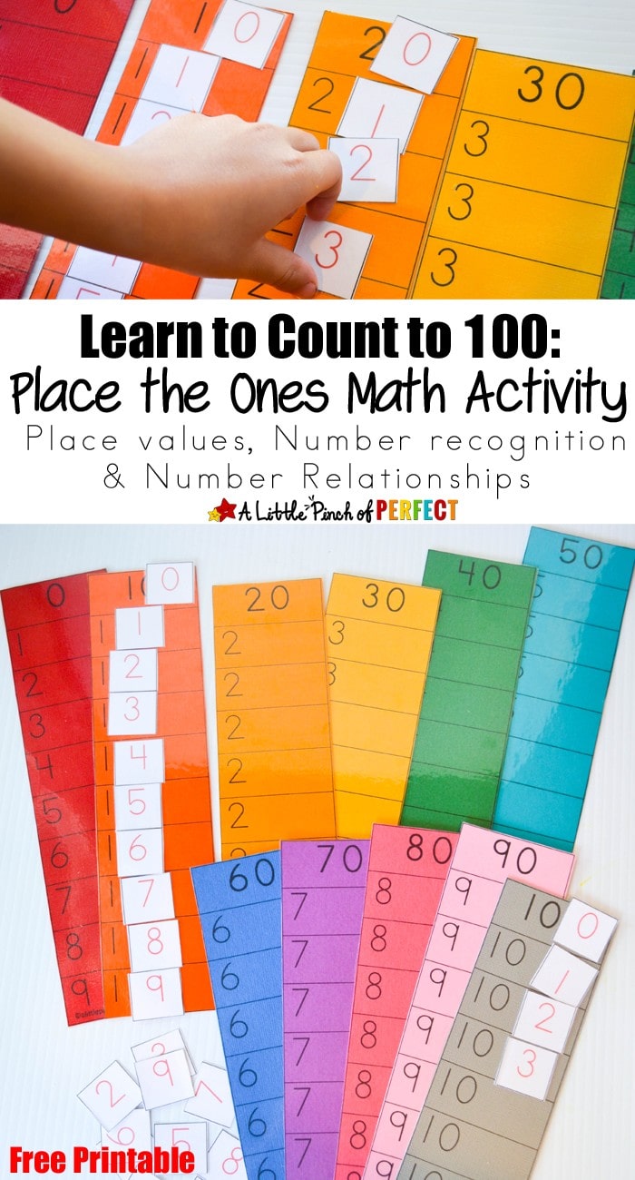 Learn to Count to 100: Place the Ones Free Printable Math Activity- helps kids learn to count to 100, introduces them to place values, helps with number recognition and number relationships while allowing them to be actively involved as they learn (math, preschool, kindergarten, first grade)
