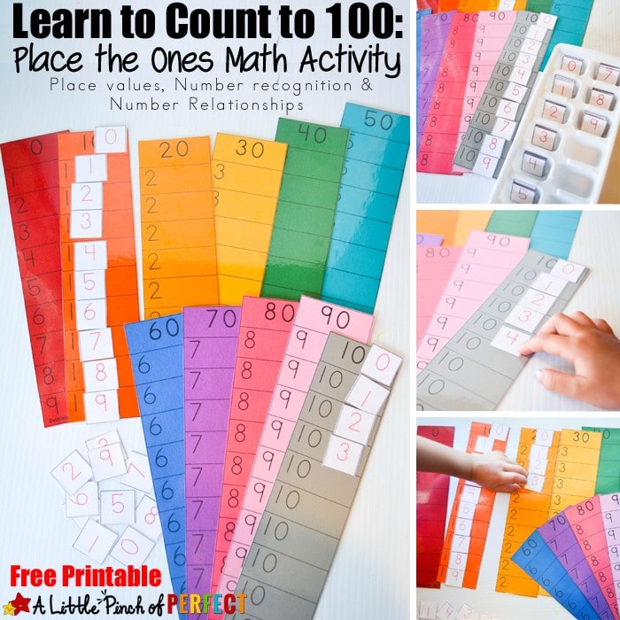Learn to Count to 100: Place the Ones Free Printable Math Activity- helps kids learn to count to 100, introduces them to place values, helps with number recognition and number relationships while allowing them to be actively involved as they learn (math, preschool, kindergarten, first grade)