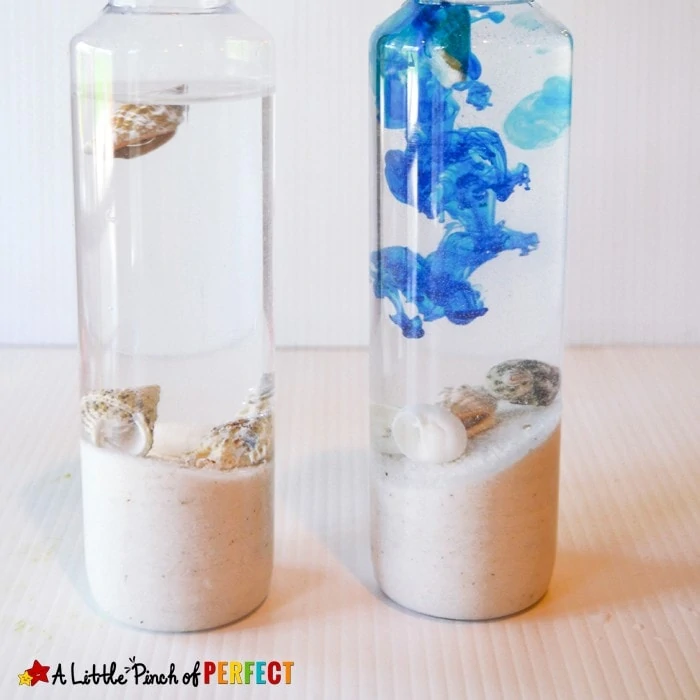 Ocean Aquarium Sensory Bottle: Kids can learn and explore sea animals with their own mini aquarium sensory bottle. (summer, sand, shells, kids activity)