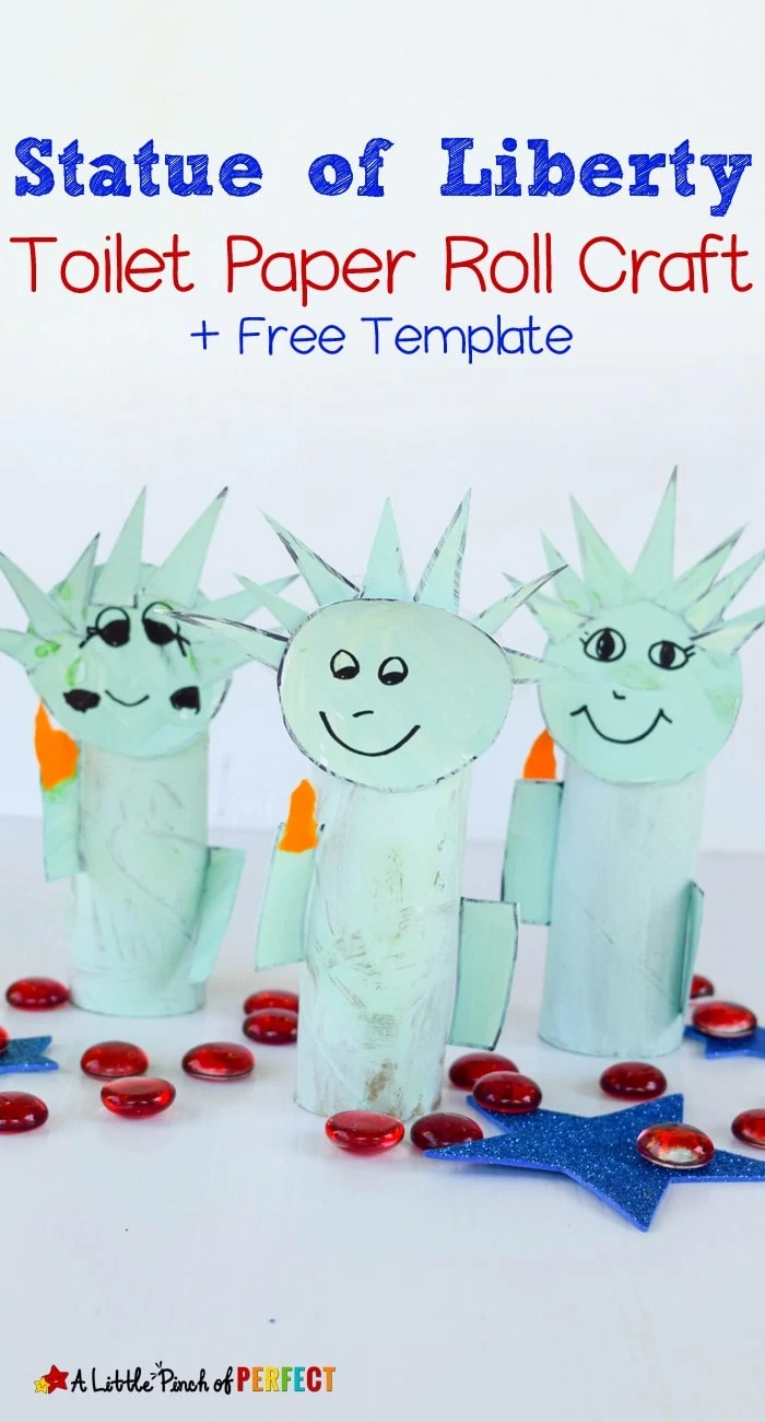 Statue of Liberty Toilet Paper Roll Craft and Free Template: Kids can make a cardboard tube Lady Liberty to celebrate The 4th of July and learn about American History (Independence Day, free printable, kids craft)