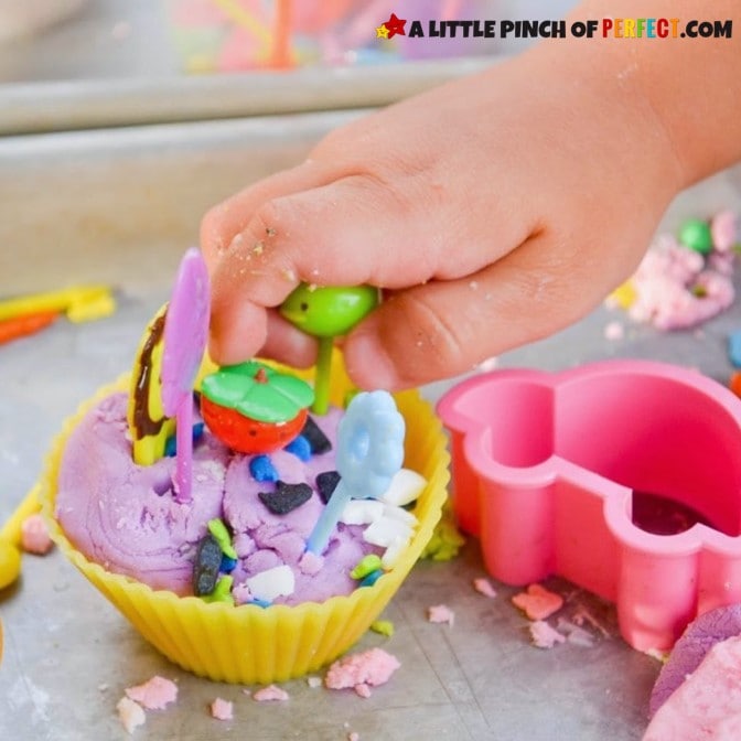 Ice Cream Playdough Recipe for Kids to Play with. 2 Ingredients, taste safe, and fun. #sensoryplay #kidsactivity