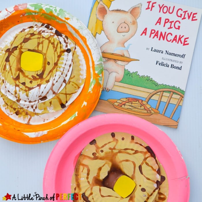 Pancake Paper Plate Craft Inspired by If You Give a Pig a Pancake: This pancake craft is going to make you hungry because it’s topped with a pat of butter and dripping in pretend syrup. (Laura Numeroff, Preschool, Kindergarten, Kids Craft, Book Extension)