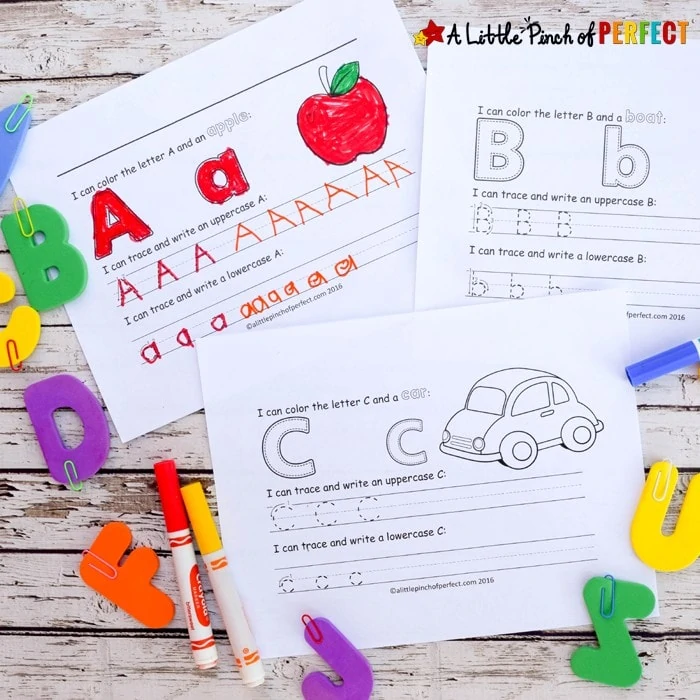 Learning to Write the Alphabet: A-Z Free Printables-Kids can review letters and phonics with this free printable alphabet set that includes uppercase and lowercase letters, prewriting lines, and a matching picture to color (Kindergarten, First grade, Language arts, ABCs, Letters).