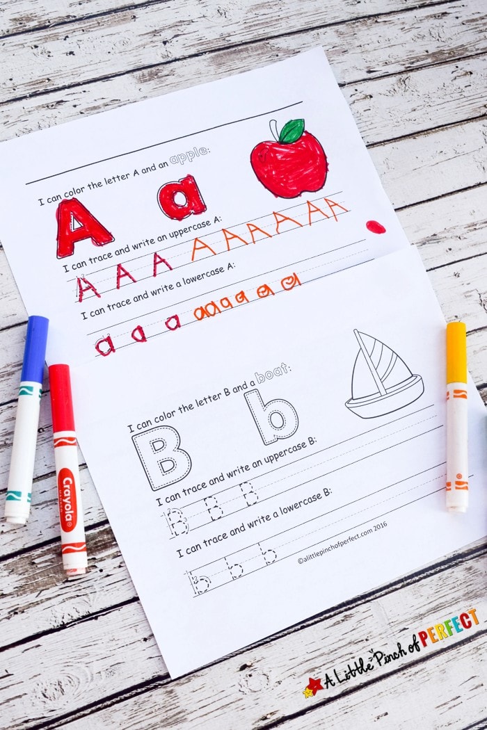 Learning to Write the Alphabet: A-Z Free Printables-Kids can review letters and phonics with this free printable alphabet set that includes uppercase and lowercase letters, prewriting lines, and a matching picture to color (Kindergarten, First grade, Language arts, ABCs, Letters). 