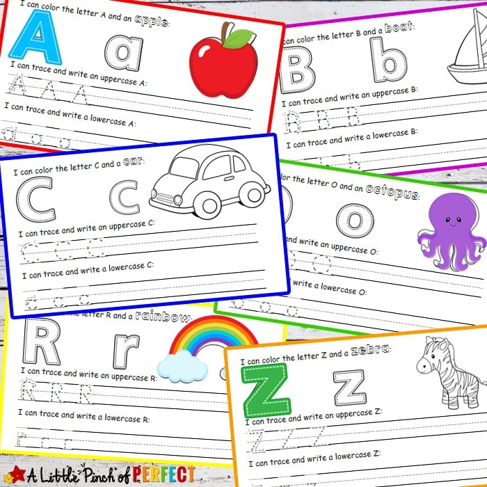 Learning to Write the Alphabet: A-Z Free Printables-Kids can review letters and phonics with this free printable alphabet set that includes uppercase and lowercase letters, prewriting lines, and a matching picture to color (Kindergarten, First grade, Language arts, ABCs, Letters). 