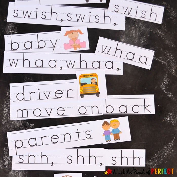The Wheels on the Bus Sentence Strips: print them out, cut them apart, and you’re ready to sing in your classroom, daycare, or homeschool. (back to school, preschool, kindergarten, music)