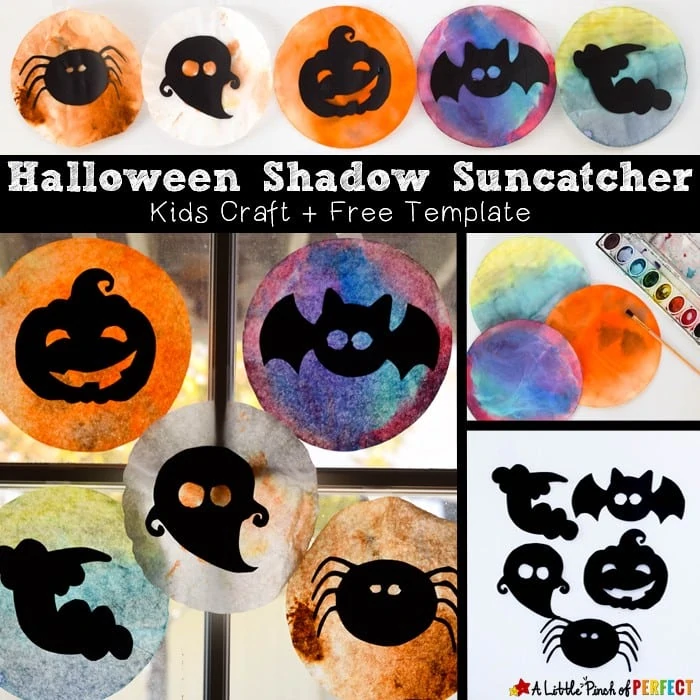 Halloween Shadow Suncatcher Craft for Kids and Free Template: Kids can choose from 6 silhouette templates (jack-o-lantern, bat, ghost and more) or make their own Halloween design to hang on the window and watch it glow. (Kids craft, coffee filter, free printable)