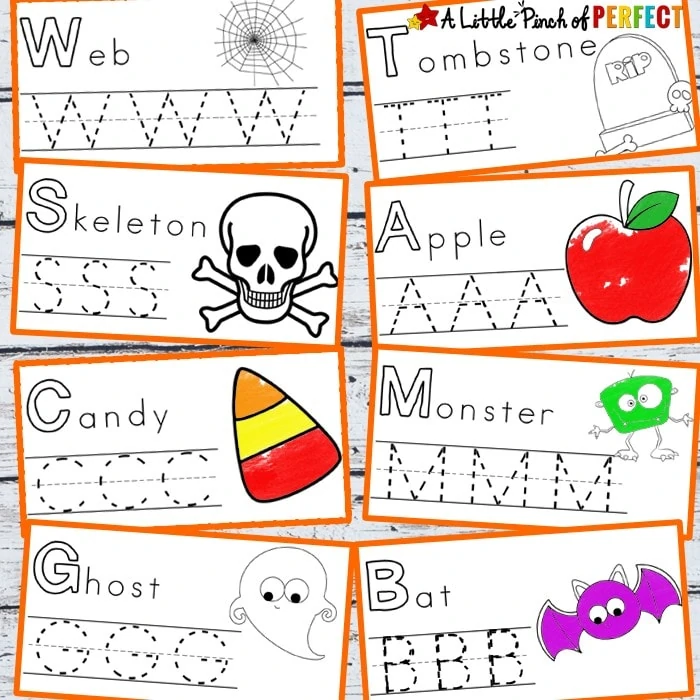 Halloween Handwriting and Coloring Free Printables: Perfect for letter writing practice including favorite Halloween pictures like pumpkins, spiders, ghosts, monsters, and more. (preschool, kindergarten, October)