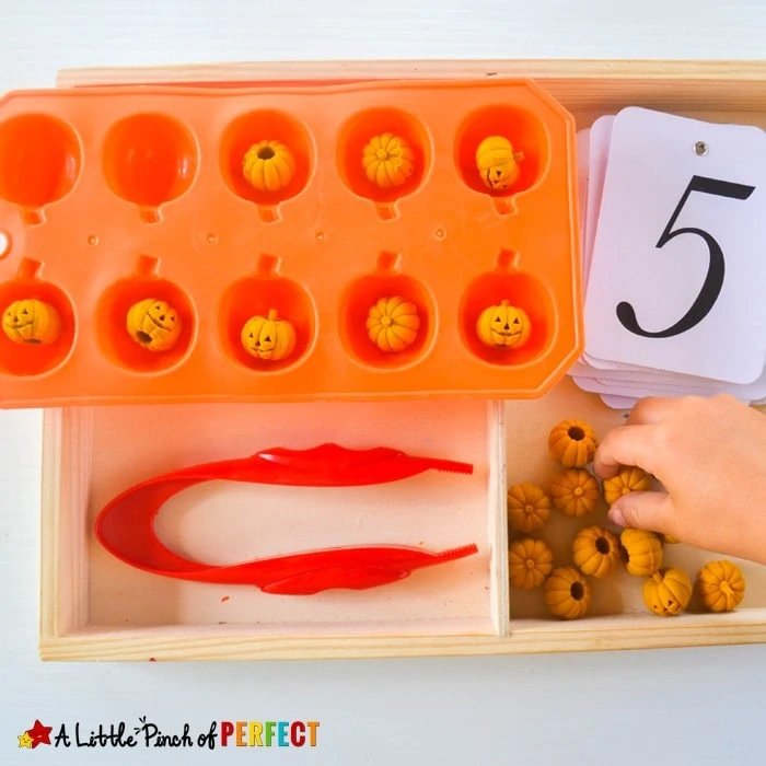 Halloween Pumpkins Fine Motor Skills Math Tray: This activity is easy to set up and can be played two different ways for kids to work on number recognition, counting, subitizing, and fine motor skills (preschool, tot school, October, Kids activity)