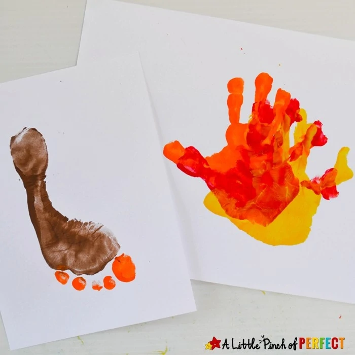 Adorable Handprint and Footprint Turkey Thanksgiving Kids: Easy to make for kids to decorate for Thanksgiving or give to people in their life they are thankful for (like mom and dad, grandma and grandpa). (November, kids craft, Preschool, Kindergarten, Thanksgiving Craft)