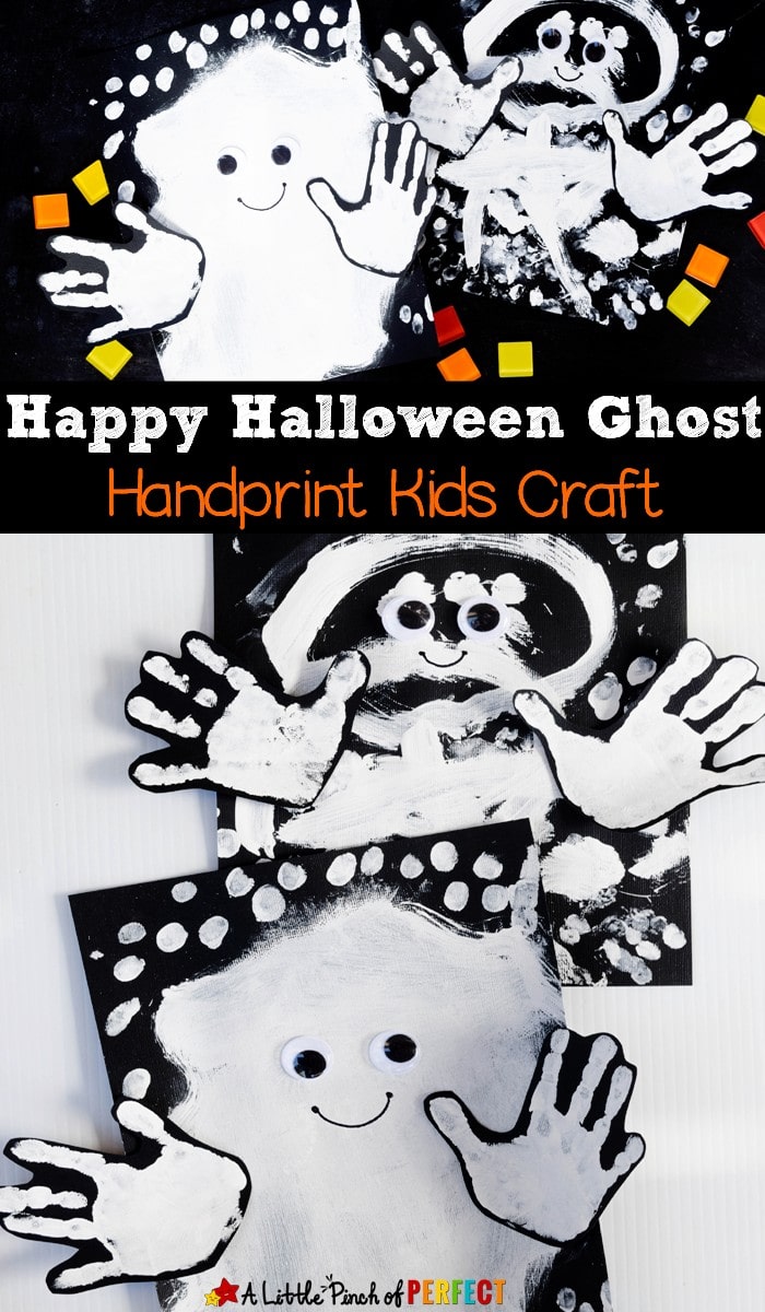 Happy Halloween Ghost Handprint Kids Craft: These little handprint ghosts look like they are saying, "Boo!" (Kids art, Toddler, Preschool, kindergarten)