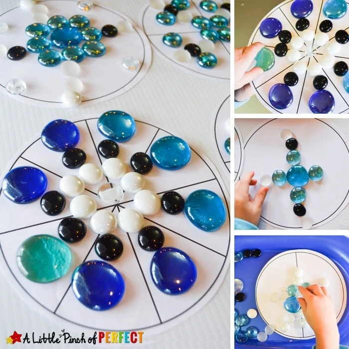 Build a Snowflake Symmetry Circle Math Activity and Free Printable: Kids can play with loose parts as they learn about symmetry with this easy hands on learning activity. (STEAM Activity, Winter, December, January)