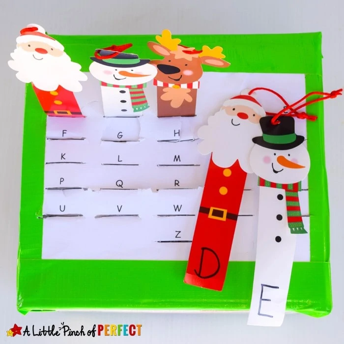 Christmas Letter Match and Motor Skills Activity and Free Template: Easily turn an empty box into an alphabet activity for kids (December, Preschool, Kindergarten)