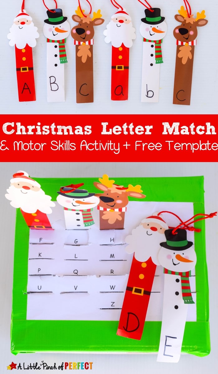 Christmas Letter Match and Motor Skills Activity and Free Template: Easily turn an empty box into an alphabet activity for kids (December, Preschool, Kindergarten)