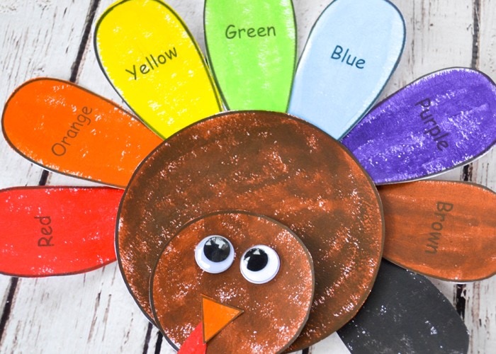 Learn and Color Thanksgiving Turkey Craft and Free Template for Kids: Free Printable comes in two versions so kids color turkey freely or follow the labels to learn colors. (November, Fall, Preschool, Kindergarten)