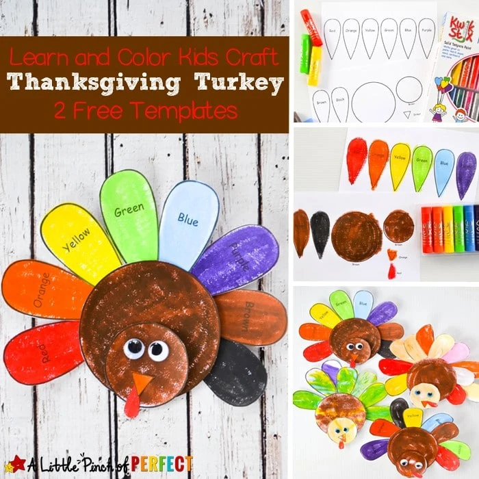 Learn and Color Thanksgiving Turkey Craft and Free Template for Kids: Free Printable comes in two versions so kids color turkey freely or follow the labels to learn colors. (November, Fall, Preschool, Kindergarten)
