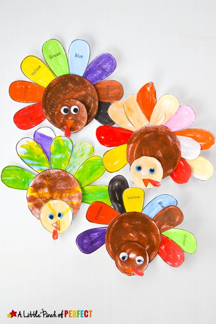 Learn and Color Thanksgiving Turkey Craft and Free Template for Kids: Free Printable comes in two versions so kids color turkey freely or follow the labels to learn colors. (November, Fall, Preschool, Kindergarten) 