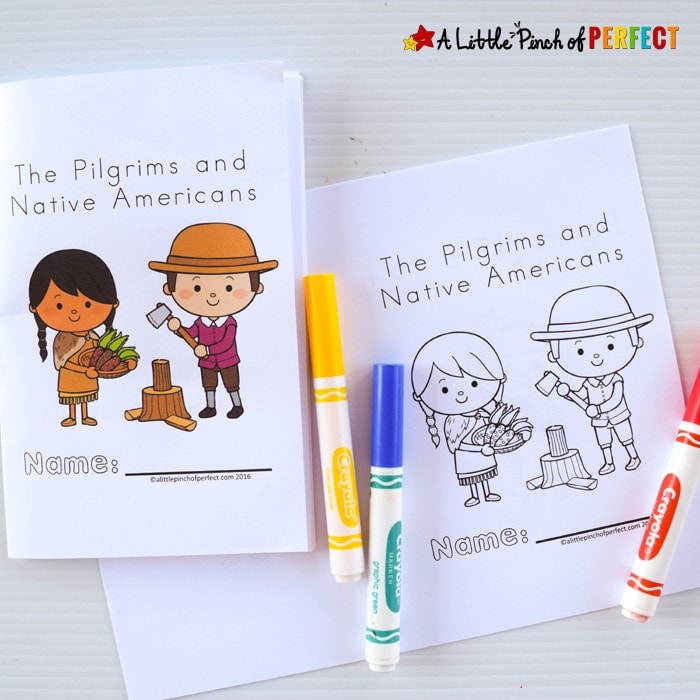 Thanksgiving Free Printable Easy Reader Book with Pilgrims and Native Americans: Choose to print out the black and white coloring page version or the full color version, assemble, and watch your child learn to read. (Kindergarten, First Grade, November, Language Arts, Emergent Reader)