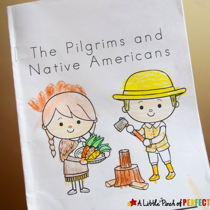 Thanksgiving Free Printable Easy Reader Book with Pilgrims and Native Americans: Choose to print out the black and white coloring page version or the full color version, assemble, and watch your child learn to read. (Kindergarten, First Grade, November, Language Arts, Emergent Reader)