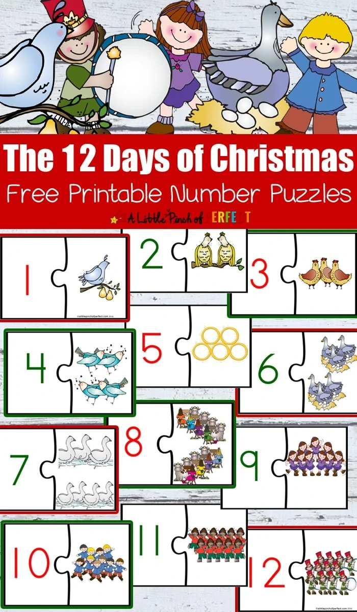 12 Days of Christmas Free Printable Number Puzzles: Kids can practice number recognition, counting, and subitizing while putting together two piece puzzles (preschool, kindergarten, December, book extension)