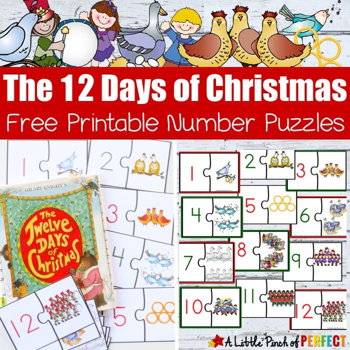 12 Days of Christmas Free Printable Number Puzzles: Kids can practice number recognition, counting, and subitizing while putting together two piece puzzles (preschool, kindergarten, December, book extension)