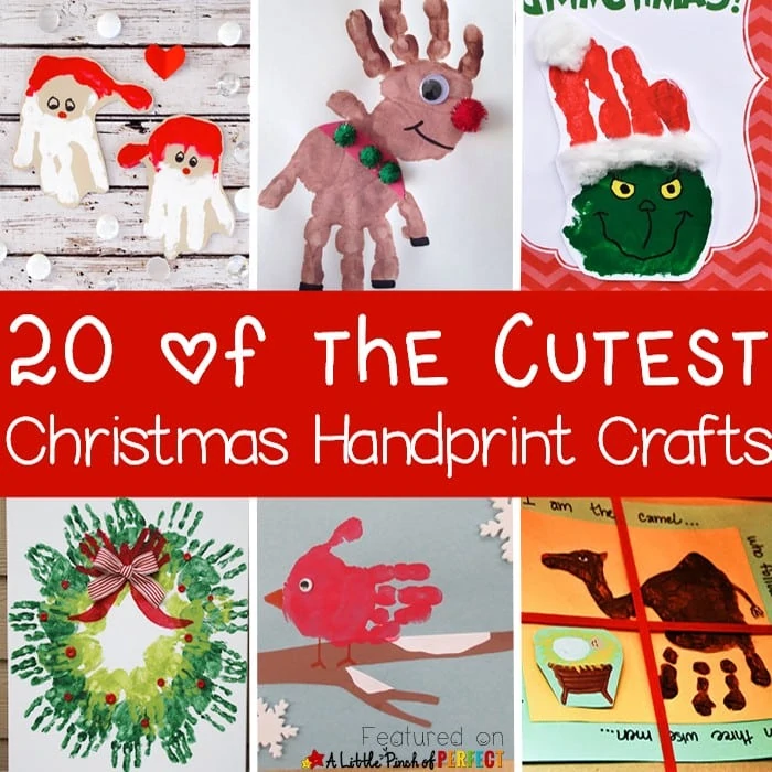 20 of the Cutest Christmas Handprint Crafts for Kids: The ideas include classic Christmas crafts like Santa, Rudolph, a Christmas tree, and The Grinch as well as nativity ideas, and winter animals. Each of these crafts can be turned into an adorable holiday decoration, gift tag, or homemade card