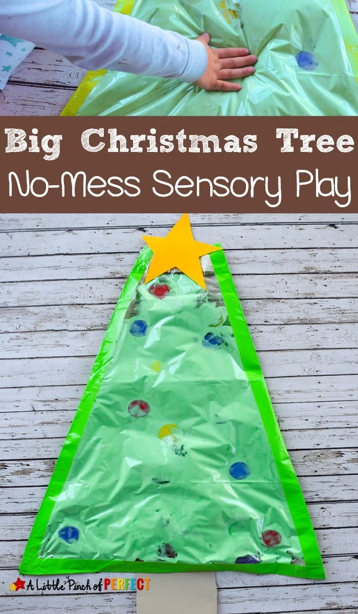 A Big Christmas Tree No-Mess Sensory Play Activity for Kids: Kids love putting their hands on the Christmas tree and this time you don't have to worry because ornaments wont break, a mess wont be made, and they can play as much as they want during this fun sensory activity (Preschool, Kindergarten, Toddler, December, Sensory Bag)