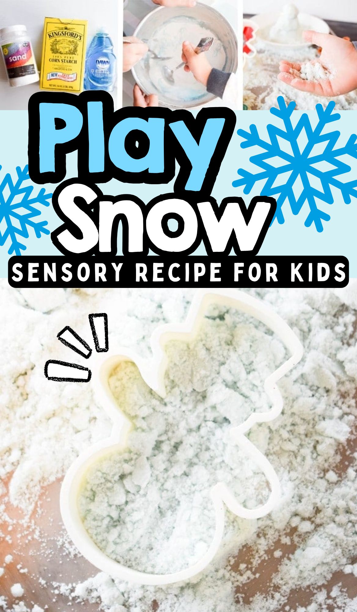 Make pretend snow at home with this easy winter kinetic sand recipe! A fun sensory play activity for kids that encourages creativity and hands-on learning.
