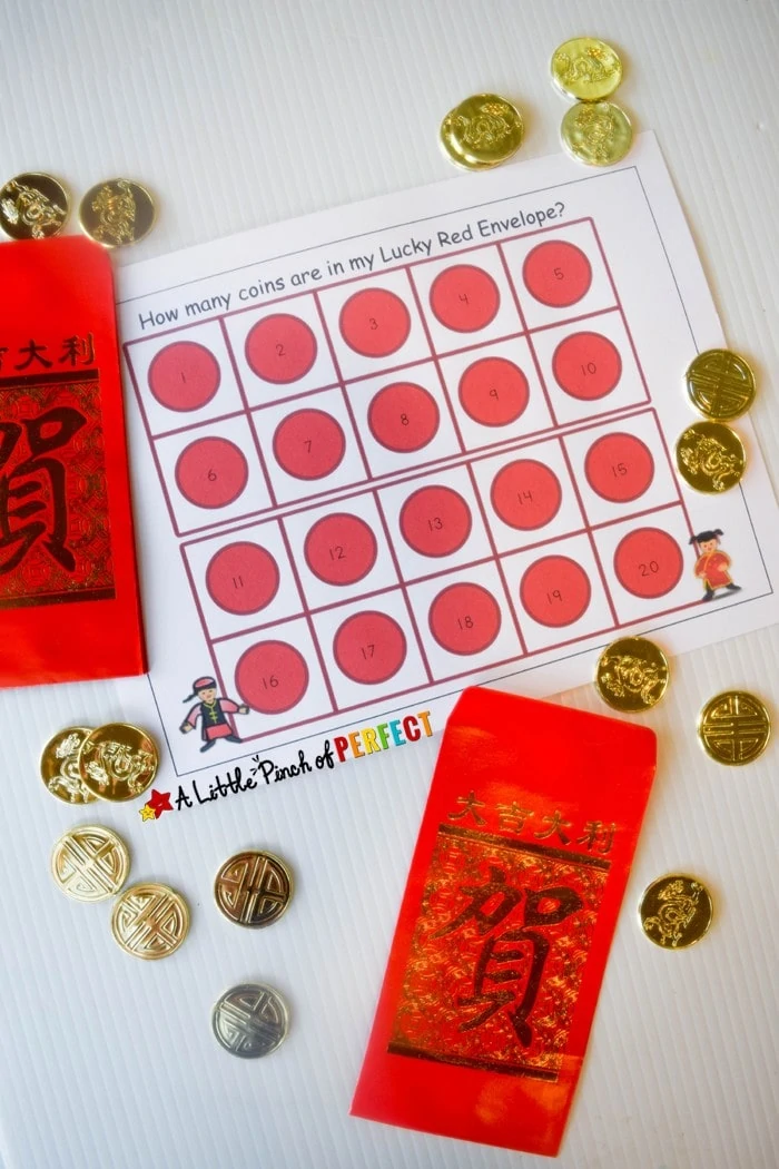 Chinese New Year Red Envelope Math Activity and Free Printable for Kids: includes 3 activities, free printable 10-frame counting mats and an addition page for your preschooler, kindergartner, and first grader (January, February)