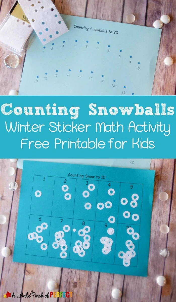 As kids count numbers 1-10 or 1-20 they can practice one-to-one correspondence, number recognition, and fine motor skills using stickers and this free printable activity that's perfect for a winter day of learning (there are 4 different pages to choose from).
