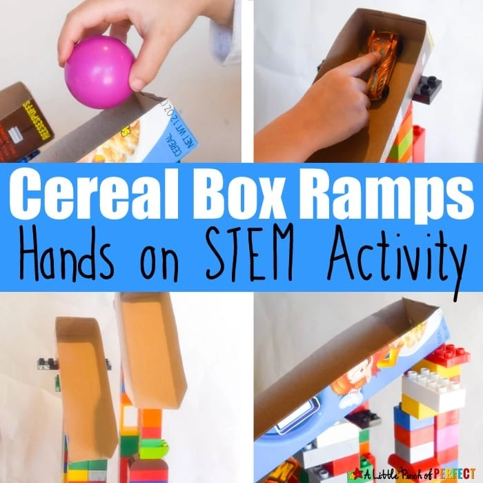 Cereal Box Ramps and Blocks: Hands on STEM Activity for Kids to Play and Learn as they see which toys, cars, and other items can make it down their ramp (Preschool, Kindergarten)