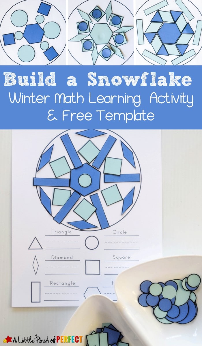 Build a Snowflake Winter Shape Math Activity and Free Printable: Kids can make beautiful snowflakes as they learn and craft with shapes. The free printable includes build and count mats, shapes, and tangrams. (Preschool, Kindergarten, First Grade, STEAM activity)