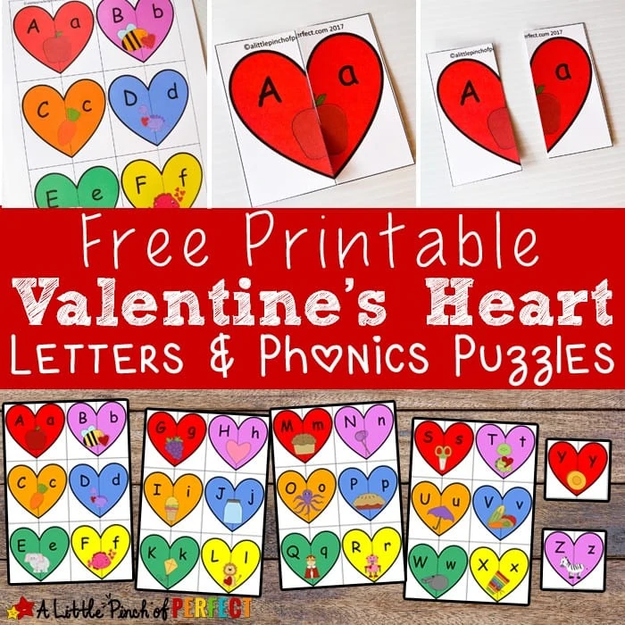 Valentine's Heart Letters and Phonics Puzzles Free Printable: Kids will learn uppercase and lowercase letters and associate pictures with each letter like an apple for the letter A and a bee for the letter B. (preschool, kindergarten, February, hands on learning)