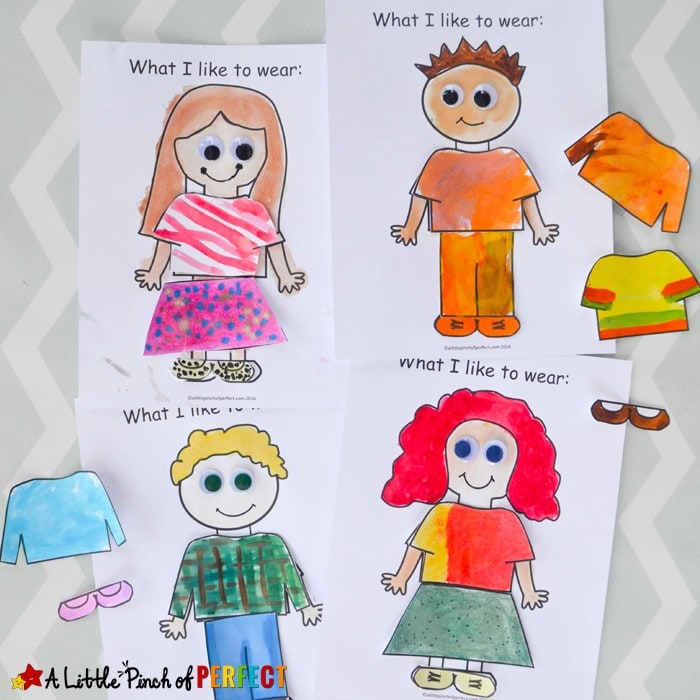 About Me: What I Like to Wear Craft and Free Template for Back to School. Kids can decorate 1 of 4 templates in their favorite clothes to display their personal style for all to see and get to know them. #kohls #firstdayeveryday (Back to School, Clothes, Preschool, Kindergarten, Free Printable)