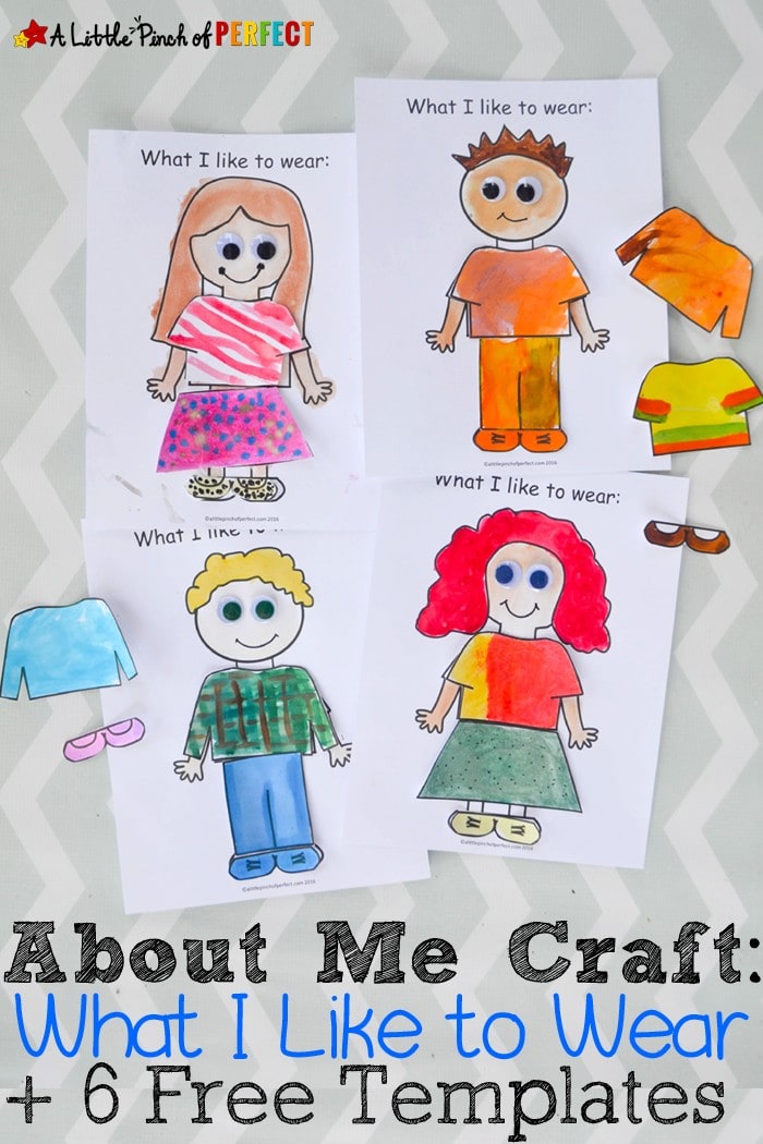 About Me: What I Like to Wear Craft and Free Template for Back to School. Kids can decorate 1 of 4 templates in their favorite clothes to display their personal style for all to see and get to know them. #kohls #firstdayeveryday (Back to School, Clothes, Preschool, Kindergarten, Free Printable)