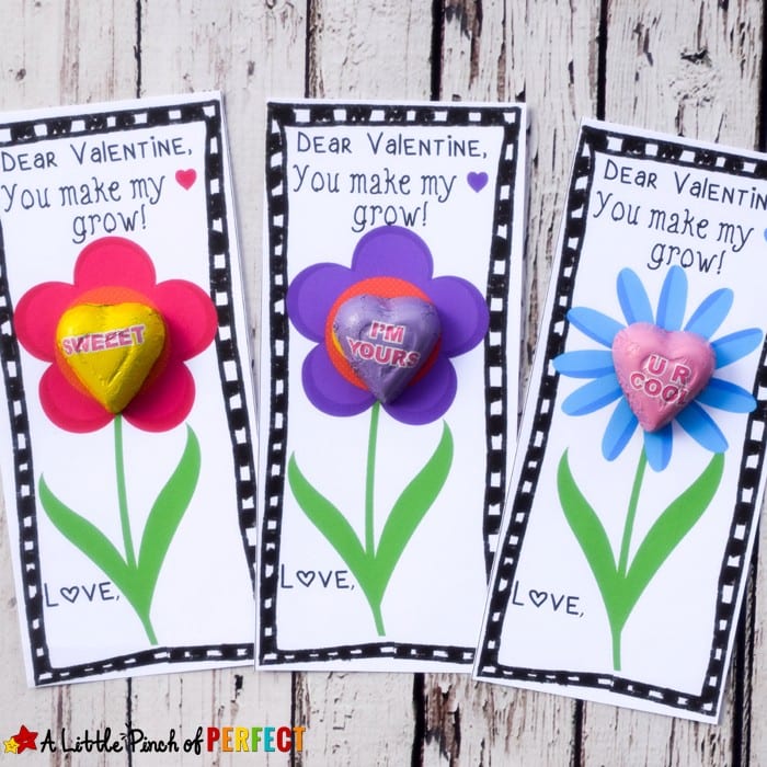 You Make My Heart Grow Free Valentine Printable for Kids: Simply print these adorable flowers cards out, add a candy, and they are ready to take to school, dance class, church, or wherever else your child needs to share Valentine's Day cheer